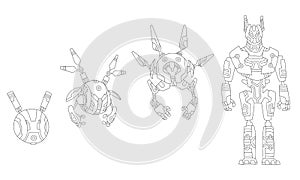 Robot sketchs. Line drawing evolution of robots concept. Vector isometric robots from simple single-task machine to photo