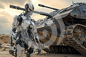 The robot soldier on the battlefield with weapon, next to tank, blurred background.. artificial intelect in future life photo