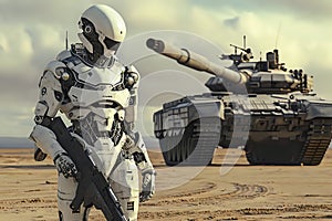 the robot soldier on the battlefield with weapon, next to tank, blurred background.. Artificial intelect in future life photo