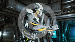 Robot soldier runs through a futuristic Sci-Fi tunnel with sparks and smoke, interior view. 3D Rendering