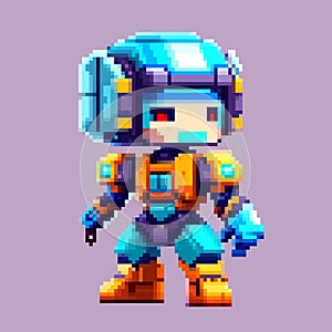 Robot spaceman pixel art character for 8 bit game scenery arcade video game