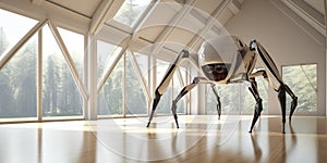 A robot spider in a room with large windows, AI