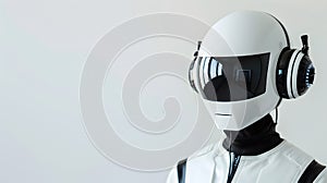 Robot sporting a helmet and headphones for protection and entertainment