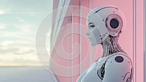 A robot is standing in front of a pink wall, AI