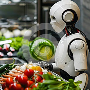 Robot Standing in Front of Plate of Vegetables