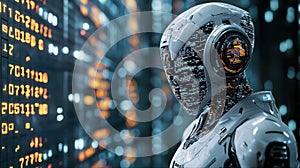 Robot standing in front of a wall of binary code representing data