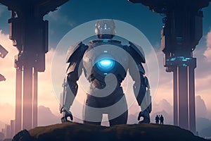 A robot standing on a hill, a cybersecurity photo generated by Ai photo