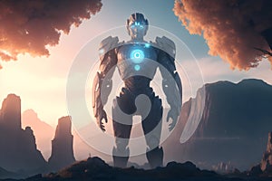A robot standing on a hill, a cybersecurity photo generated by Ai photo