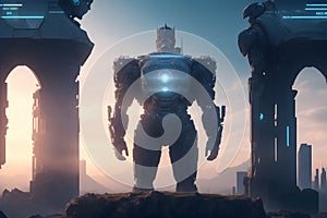 A robot standing on a hill, a cybersecurity photo generated by Ai photo