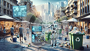 Robot Standing in Middle of Crowded Street. Generative AI