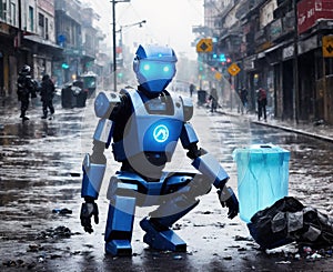 A robot standing in the middle of a street with a trash can next to it.