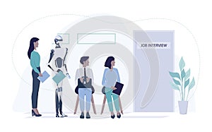 Robot standing in queue with candidate for a job interview