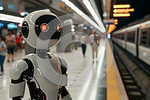 the robot standing in the subway on blurred background. Artificial intelect in future life.