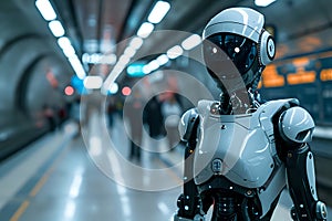 the robot standing in the subway on blurred background. Artificial intelect in future life.