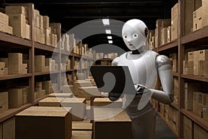 A robot is standing in a warehouse and holding a laptop