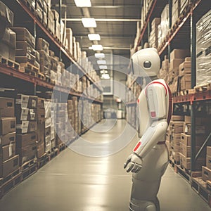 Robot stands in the center of a storage warehouse, with various cardboard boxes. AI-generated.