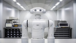 Robot stands in a modern laboratory with advanced technology in the background