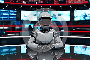 robot stands in the modern news studio on blurred background. Artificial intelect in future life