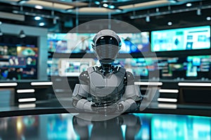 robot stands in the modern news studio on blurred background. Artificial intelect in future life