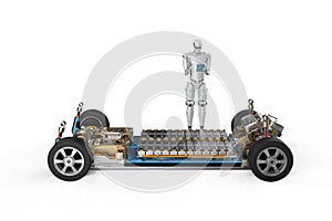 Robot study or research ev car with pack of battery cells module on platform