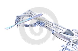 Robot surgeon hand holding scalpel. Robotic surgery concept. 3D illustration