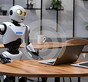 Robot at a table in a cafe with a laptop. AI generated