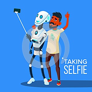 Robot Takes A Selfie On Smartphone With Friend Guy Vector. Isolated Illustration