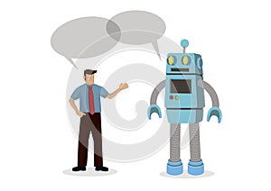 Robot talking with an office worker. Depicts automation, future job market and artificial intelligence