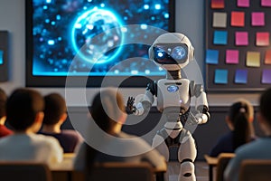 A robot teacher explaining material to students in a classroom, with interactive 3D holograms on the board