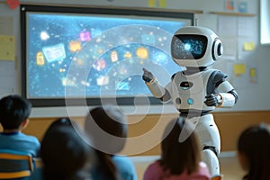 A robot teacher explaining material to students in a classroom, with interactive 3D holograms on the board