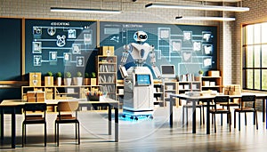 Robot Teacher in Futuristic Classroom Setting with an AI robot teacher presenting educational content on interactive digital