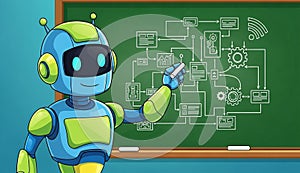 Robot teaching AI process on blackboard.