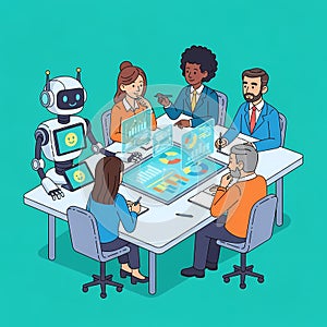 Robot and Team Collaborating on Data Analysis