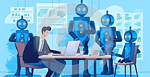 Robot team working in the office, Future technology concept Generative AI