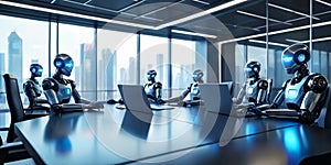 Robot team working in the office instead human, Future technology concept_