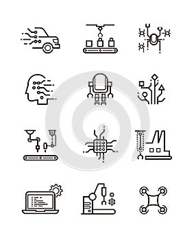 Robot technology and robotic machinery line vector icons. Artificial intelligence symbols