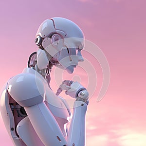 Robot thinking technology science on cloud pink background abstract. Cute 3d rendering of android. Futuristic cyborg face,