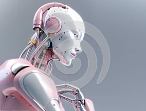 Robot thinking technology science on minimalism pastel background abstract. Cute 3d rendering of android. Futuristic cyborg face,