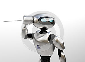 Robot with tin can phone,information,3d render