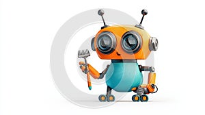 Robot with toothbrush white isolate background