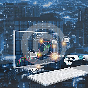 Robot touch connect data internet with graph stock trade market