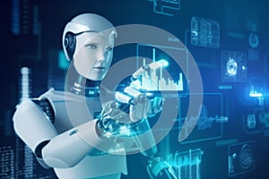 a robot touching a screen with a futuristic interface in the background