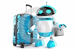 Robot tourist standing with his blue suitcase and going on a summer holiday trip