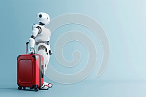 Robot tourist standing with his red suitcase and going on a summer holiday trip