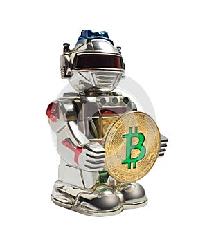 Robot toy with golden bitcoin currency.