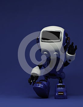 Robot toy waving left hand on blue background