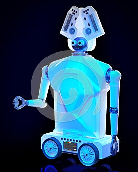 Robot toy on wheels for kid. White plastic robotic device.