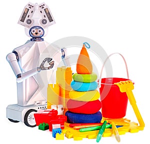 Robot toy on wheels and kids plastic toys.