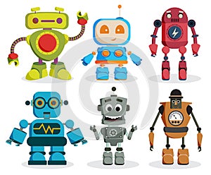 Robot toys vector characters set. Colorful kids robots elements