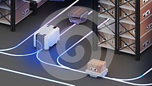 Robot transportation and cargo handling,using automation in product management,Warehousing and Technology Connections,3d rendering